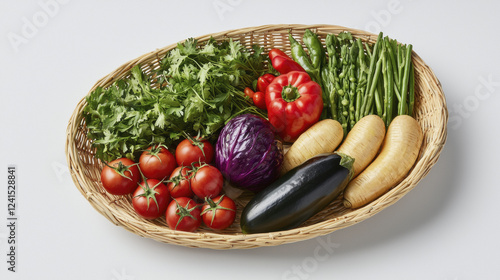 Fresh vegetables in oval basket including tomatoes, peppers, and greens