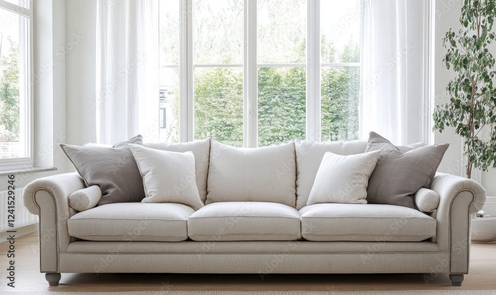 Fototapeta premium Elegant Beige Sofa in Bright Living Room with Large Windows