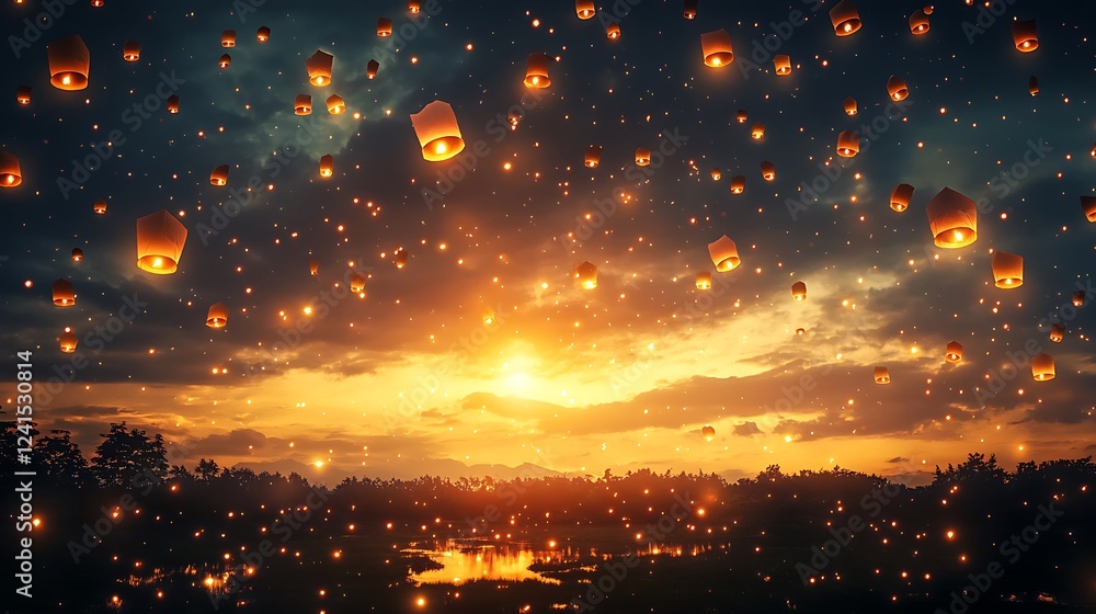 Naklejka premium A sky filled with floating paper lanterns, casting a soft golden light over a calm, dark landscape