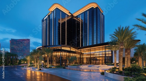 Modern office building, twilight, city, palm trees, entrance