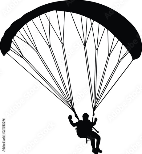 paraglider silhouette black colour with white background. paraglider is flying on a parachute. Strengthens a person