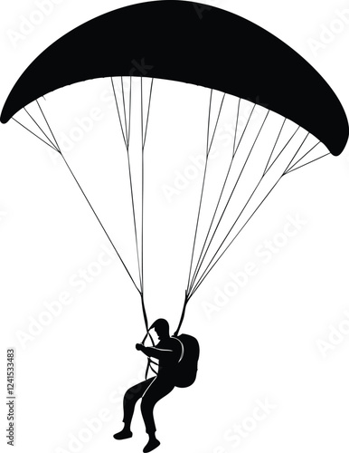 paraglider silhouette black colour with white background. paraglider is flying on a parachute. Strengthens a person