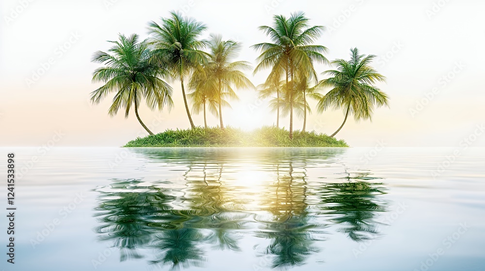 Obraz premium beautiful tropical island with palm trees and sun reflecting off the water 
