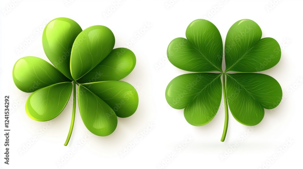 Close-up of Two Lush Green Four-Leaf Clovers on White Background Close-up of Two Lush Green Four-Leaf Clovers on White Background