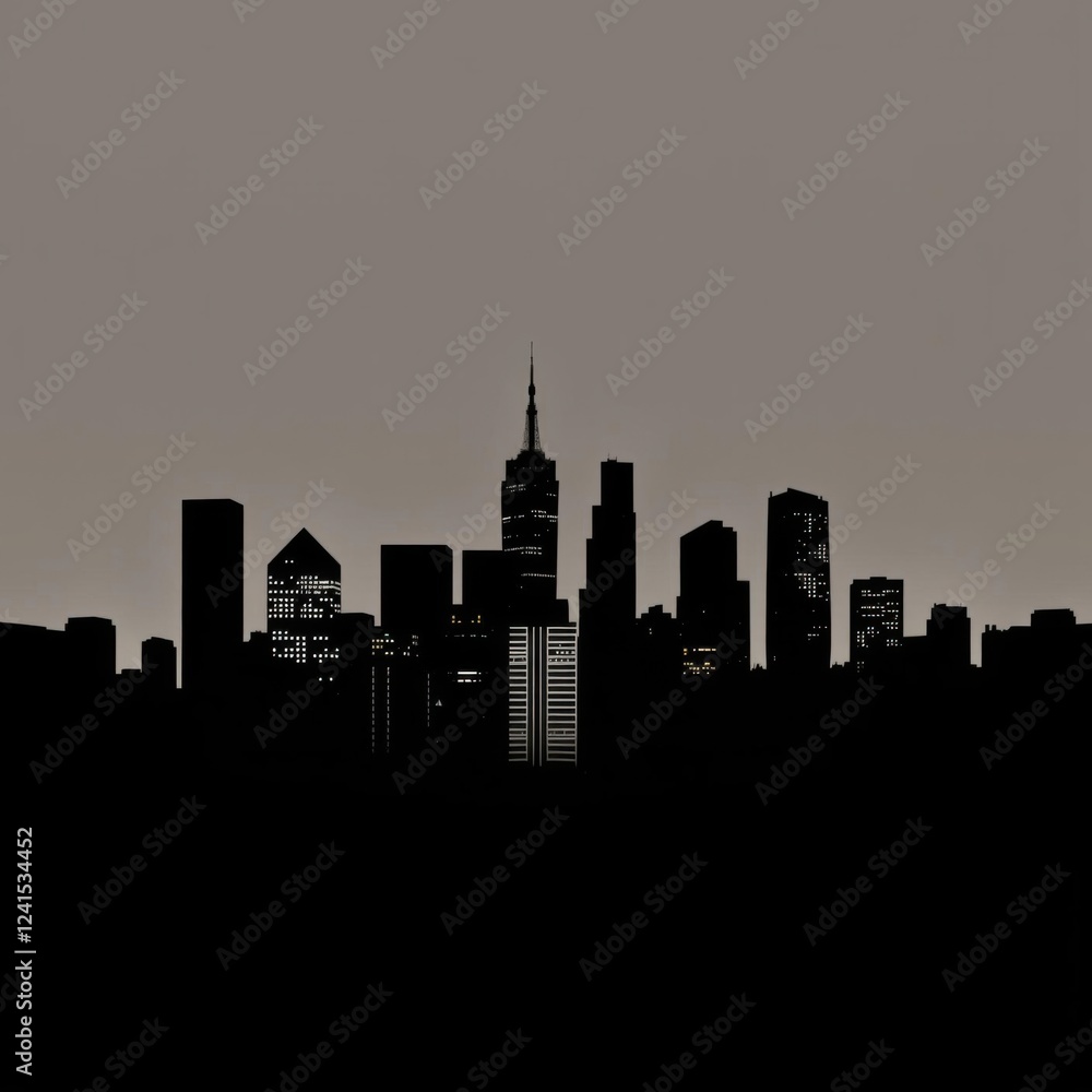 Naklejka premium A serene cityscape with skyscrapers emerging through soft fog giving a mystical ambiance to the urban skyline silhouetted skyline cityscape architecture illustration building city vector