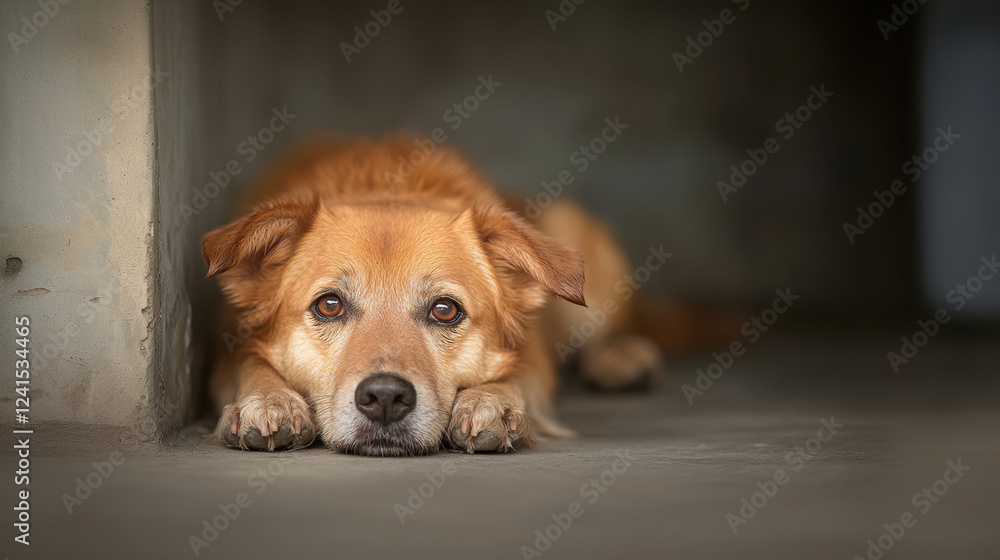 Neglected and sad dog lying on a concrete floor in a dark corner, softly illuminated to highlight feelings of loneliness and abandonment Neglected and sad dog lying on a concrete floor in a dark corner, softly illuminated to highlight feelings of loneliness and abandonment