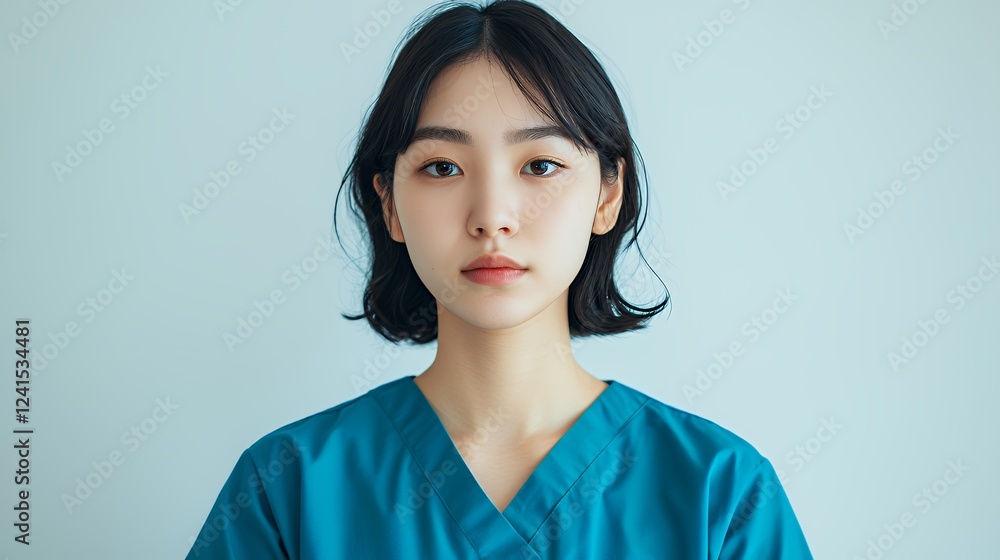 portrait of a beautiful young woman wearing a blue nurse looking at the camera with a serious expression on her face portrait of a beautiful young woman wearing a blue nurse looking at the camera with a serious expression on her face