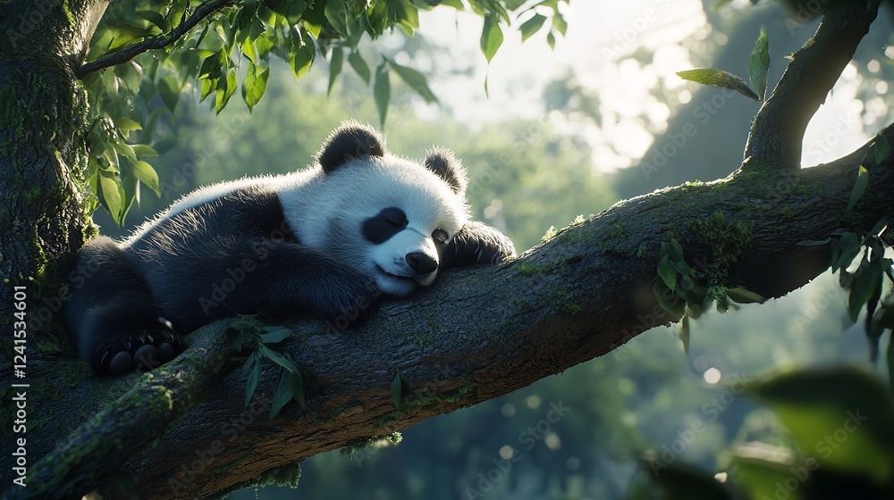Obraz premium Sleepy Panda Resting on a Branch in a Lush Forest