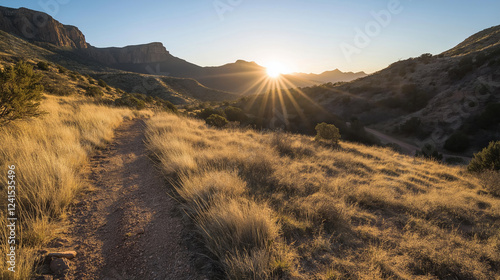 Dirt trail winds through dry grass in mountainous valley at sunrise, illuminating landscape with golden light and casting long shadows, creating scenic view of nature's beauty