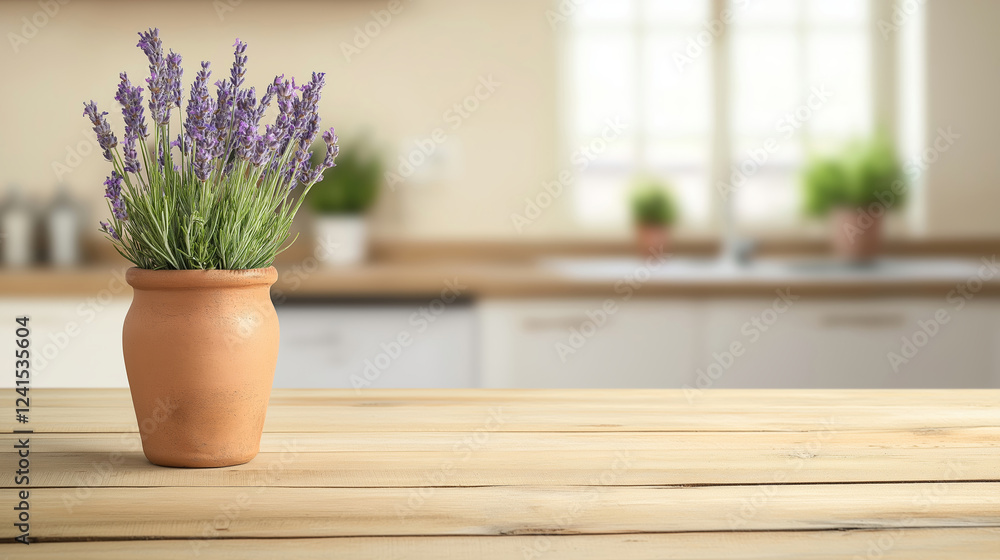 Fototapeta premium Lavender flowers blooming in a rustic terracotta vase rest on a wooden table within a cozy farmhouse kitchen, featuring soft pastel colors and a beautifully blurred background