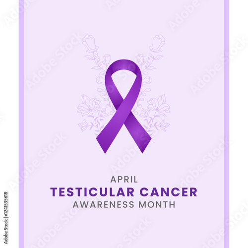 Purple ribbon with flower and white background awareness graphic for International Testicular Cancer Awareness Month
