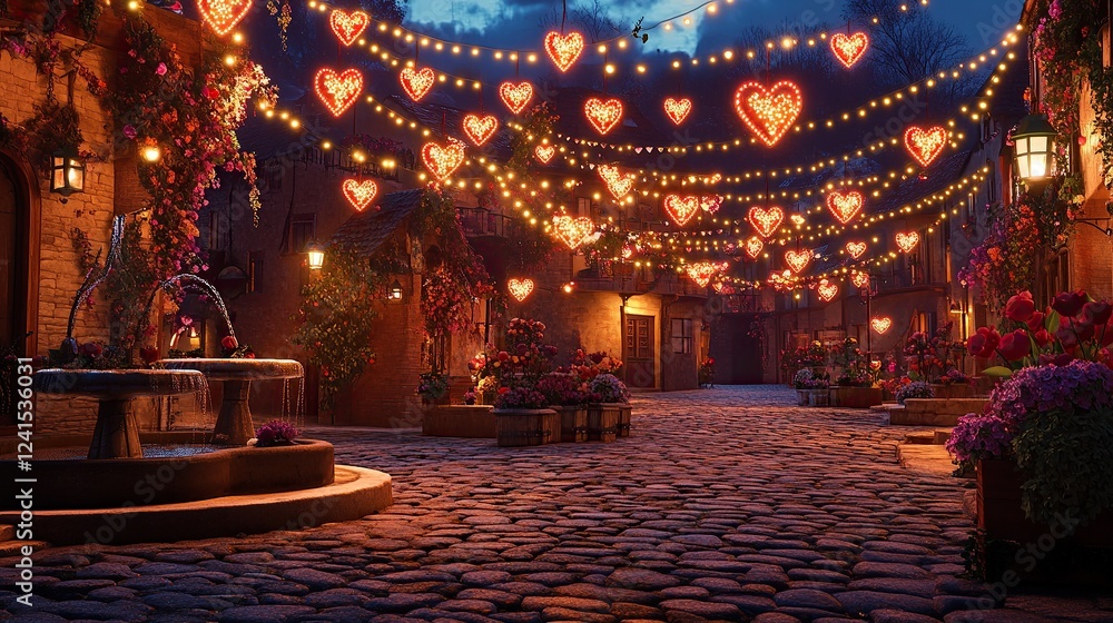 Obraz premium A charming village square decorated for Valentinea??s evening