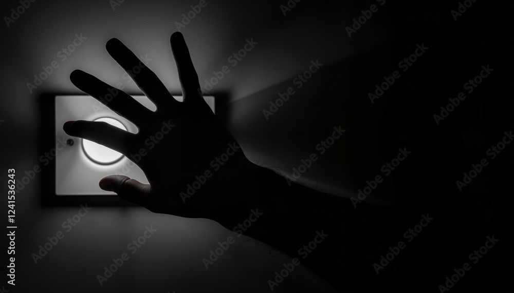 Silhouette of hand reaching for light switch in dark setting, symbolizing anticipation and curiosity, copy space Silhouette of hand reaching for light switch in dark setting, symbolizing anticipation and curiosity, copy space