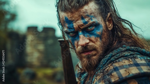 portrait of an ancient Scottish warrior with painted face