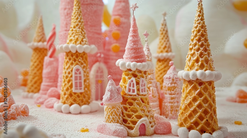 Naklejka premium Whimsical Waffle Cone Castle: A sugary confectionery dreamscape