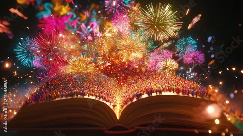 Wallpaper Mural A book lying open with a Brazilian football match spilling out, the crowd roar illustrated by vibrant colors and fireworks. Torontodigital.ca