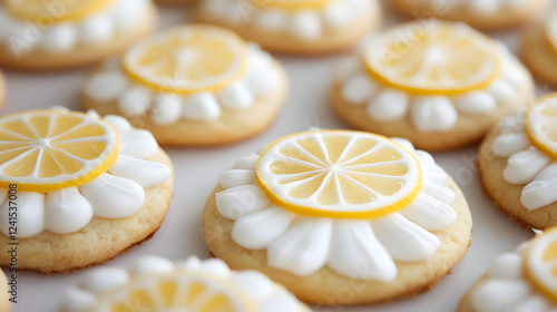 Lemon iced cookies decorated with royal icing and a lemon zest garnish on top.