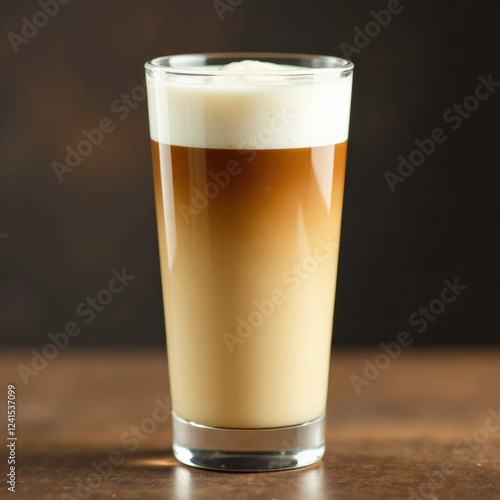 Tall glass glass with cold coffee latte, cream, clearly traceable layers of drink. dark background photo