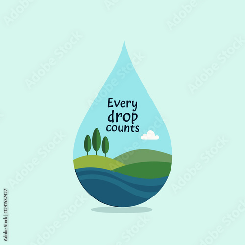 Vector Art of Water Drop Landscape with Inspiring 'Every Drop Counts' Quote: A Call for Water Conservation
