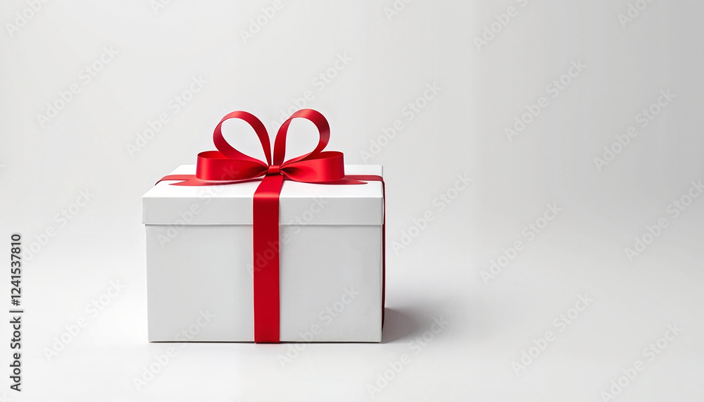 Fototapeta premium White gift box with red ribbon on clean white background