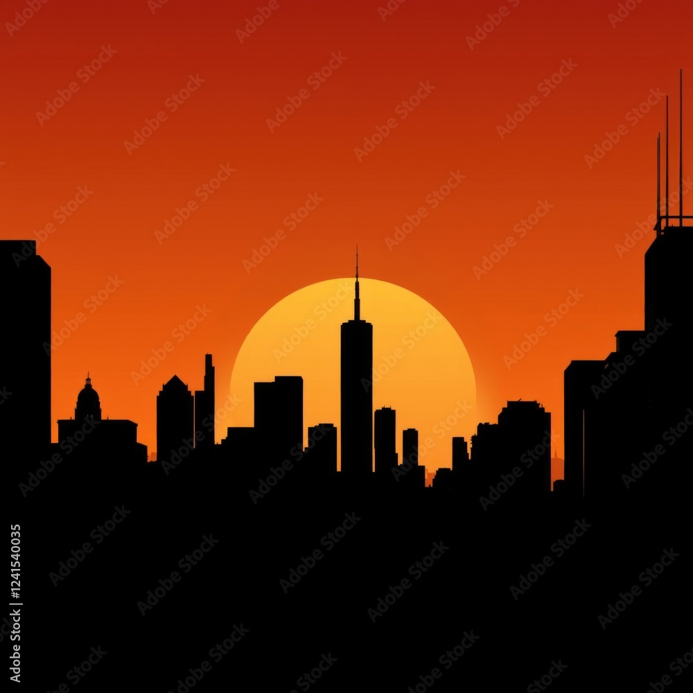 Naklejka premium Silhouette of a city skyline at sunset with dramatic clouds silhouetted skyline cityscape architecture illustration building city vector