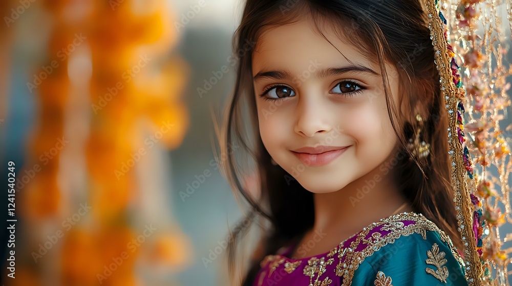 Fototapeta premium Young girl with dark hair and bright smile wearing traditional embroidered dress in teal color, autumn orange bokeh background creates warm atmosphere.
