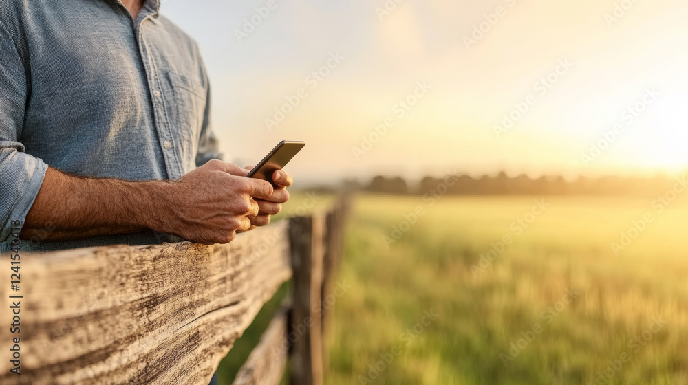 Close-up of a farmer using a smartphone while leaning on a wooden fence, overlooking a vast pasture at sunset, showcasing the integration of technology in modern agriculture Close-up of a farmer using a smartphone while leaning on a wooden fence, overlooking a vast pasture at sunset, showcasing the integration of technology in modern agriculture