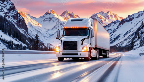 A white semi-truck drives on a snowy highway at sunset, showcasing strength and reliability. photo