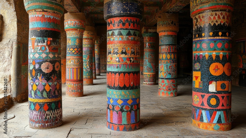 Fototapeta premium Vibrantly Painted Columns Adorn Ancient Style Hallway