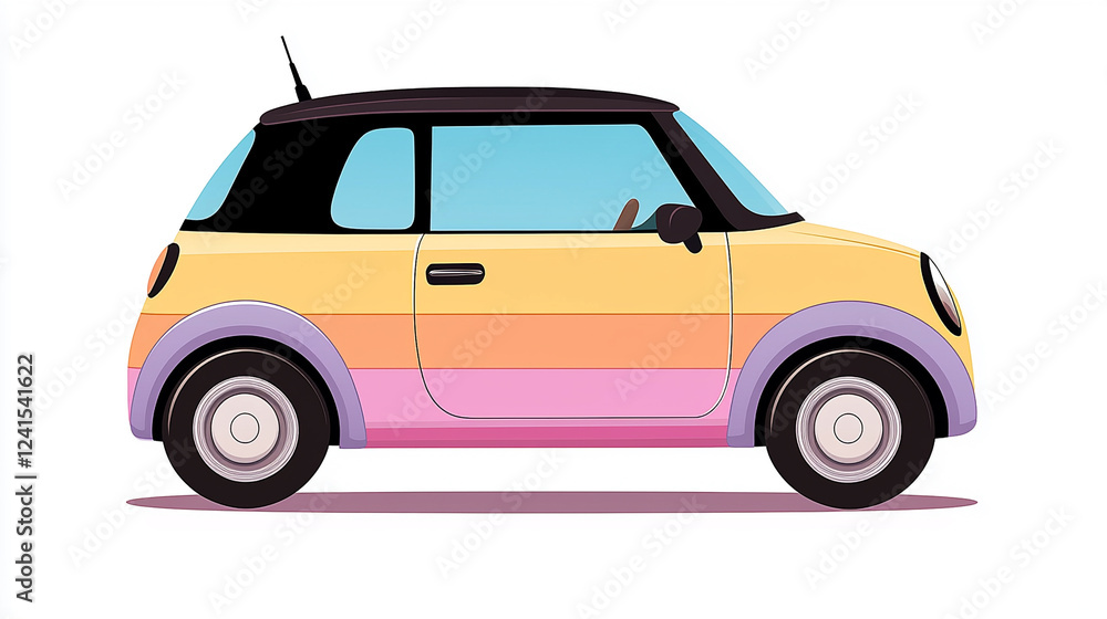 Colorful compact car design featuring stripes in pastel shades, showcasing creativity and uniqueness in automotive aesthetics Colorful compact car design featuring stripes in pastel shades, showcasing creativity and uniqueness in automotive aesthetics