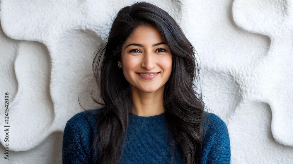 a portrait of a young woman with long hair leaning against a white wall, smiling at the camera a portrait of a young woman with long hair leaning against a white wall, smiling at the camera