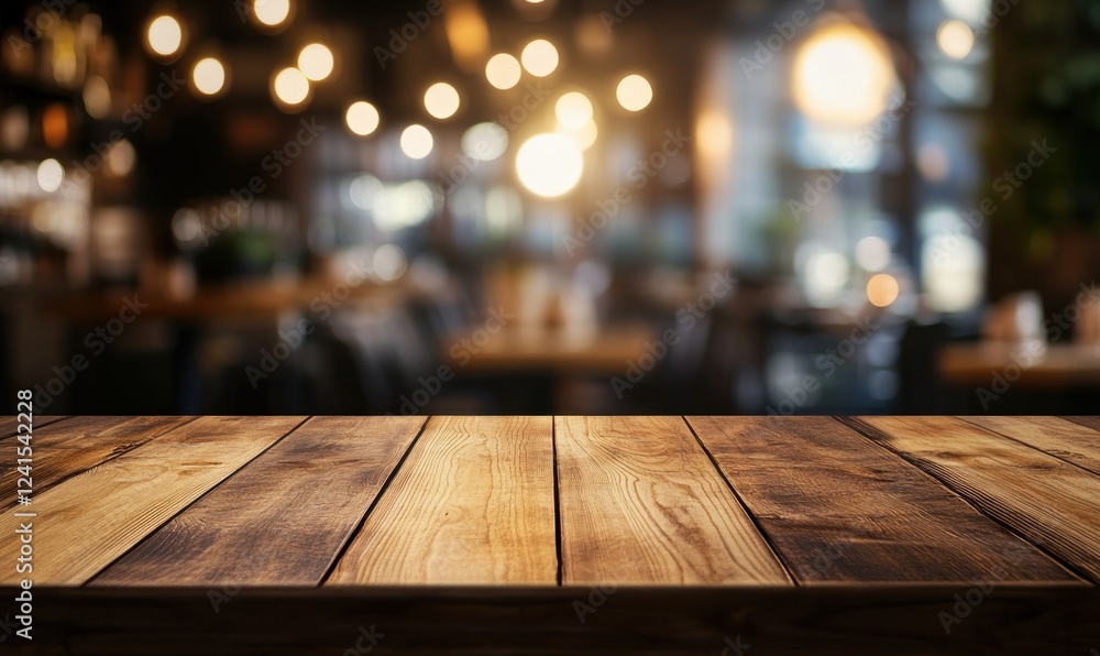 Wooden Tabletop in a Blurred Restaurant Setting: Rustic Charm and Ambiance Wooden Tabletop in a Blurred Restaurant Setting: Rustic Charm and Ambiance