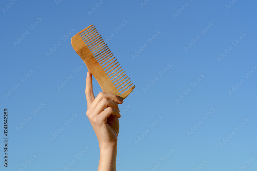 Naklejka premium Female hand holding natural wooden comb on blue sky background. Hair combing and hygiene concept, natural eco hair products