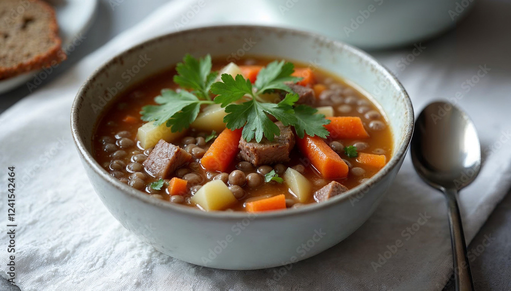 Lentil soup with pieces of smoked pork neck, carrots, potatoes and coriander Lentil soup with pieces of smoked pork neck, carrots, potatoes and coriander