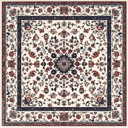 Elegant Iranian Rug Geometric Centerpiece and Ornate Borders in Deep Red and Blue Tones