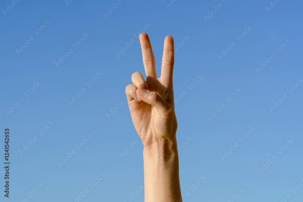 Female hand with two raised fingers in a v shape on a clear blue sky background. Victory sign concept Female hand with two raised fingers in a v shape on a clear blue sky background. Victory sign concept