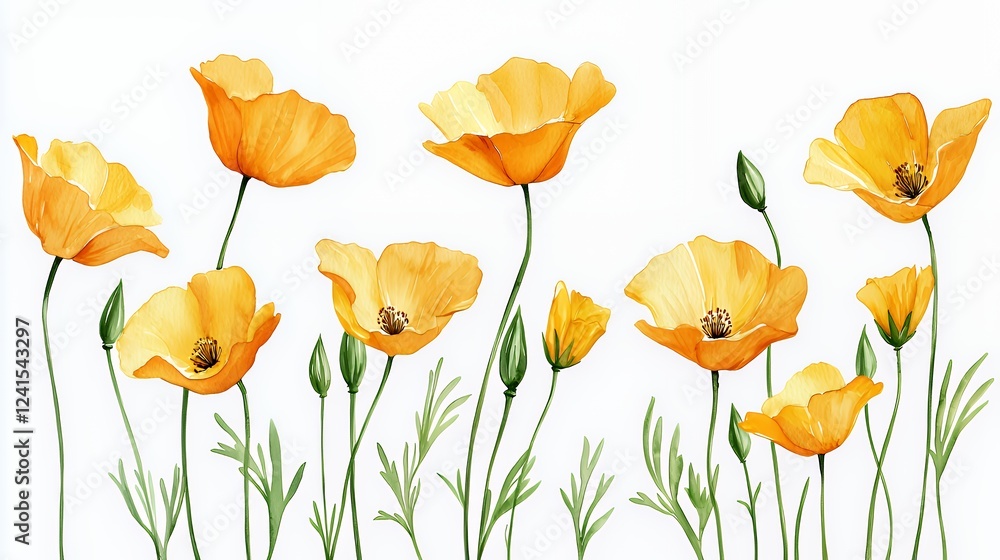 Fototapeta premium a drawing of orange and yellow flowers on a white background 