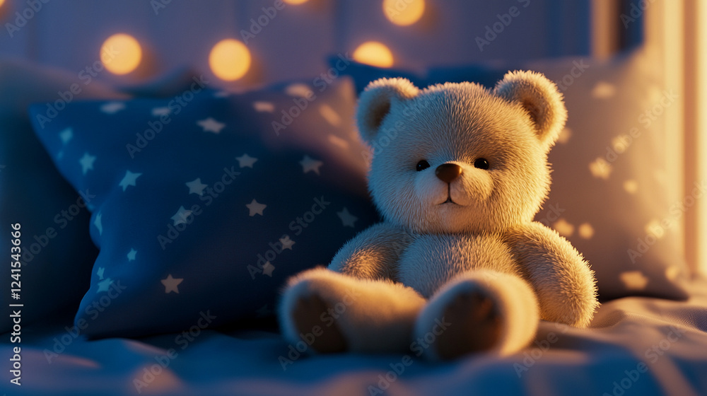 Fototapeta premium Soft white teddy bear rests on a cozy bed surrounded by soft blue hues and warm glowing lights in a serene nighttime setting