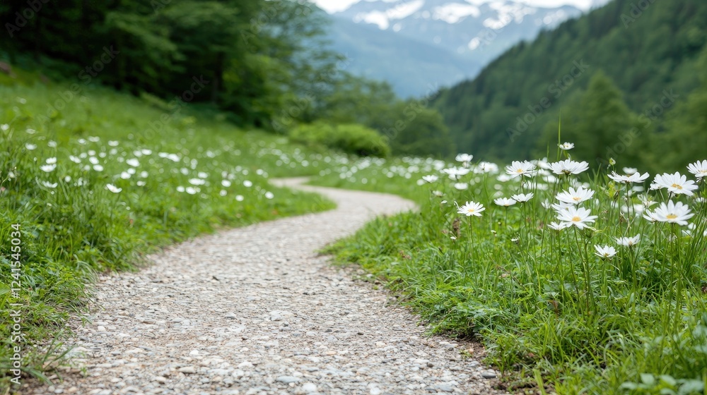 Winding path through alpine meadow, daisies, mountains Winding path through alpine meadow, daisies, mountains