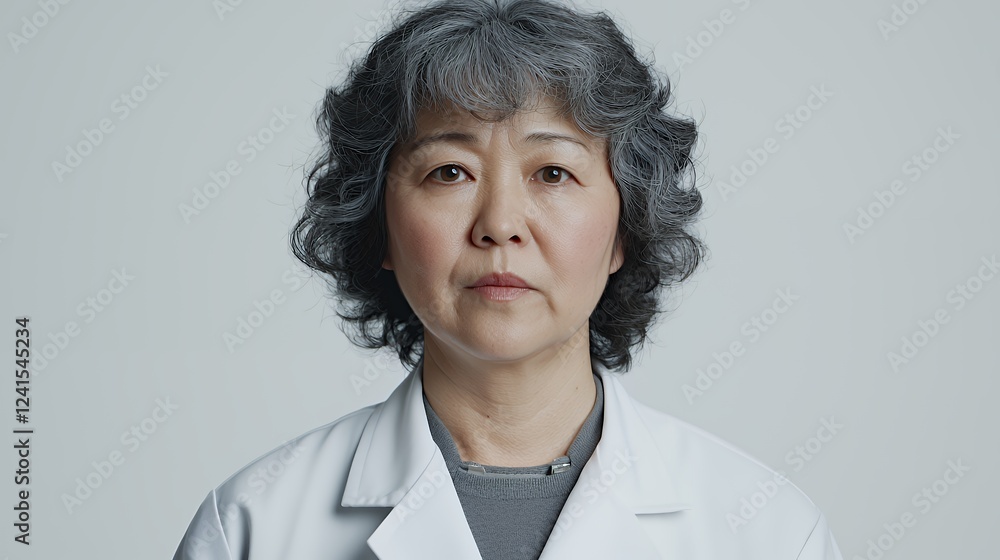 portrait of a female doctor wearing a white coat and grey hair portrait of a female doctor wearing a white coat and grey hair