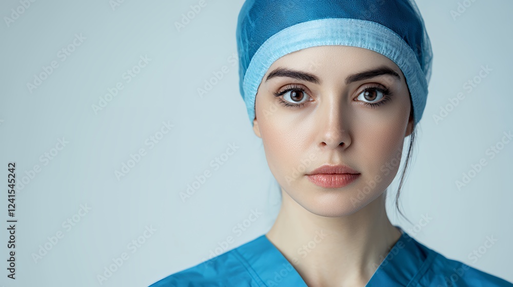 close up portrait of a female doctor or nurse wearing a blue uniform and medical cap on her head close up portrait of a female doctor or nurse wearing a blue uniform and medical cap on her head