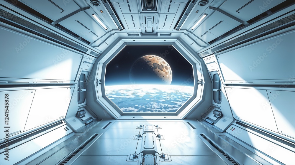 Spaceship corridor, overlooking a breathtaking view of Earth and a large, reddish moon through a large octagonal viewport. Sci-Fi concept art. Spaceship corridor, overlooking a breathtaking view of Earth and a large, reddish moon through a large octagonal viewport. Sci-Fi concept art.