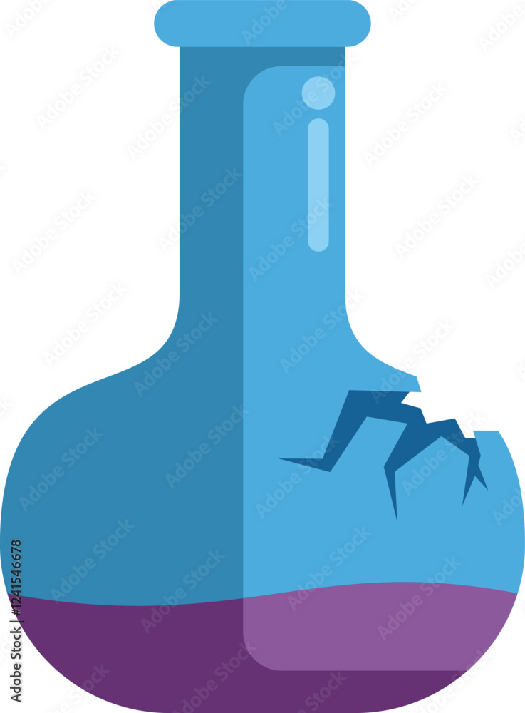 Blue laboratory flask is broken and leaking a dangerous purple chemical liquid Blue laboratory flask is broken and leaking a dangerous purple chemical liquid