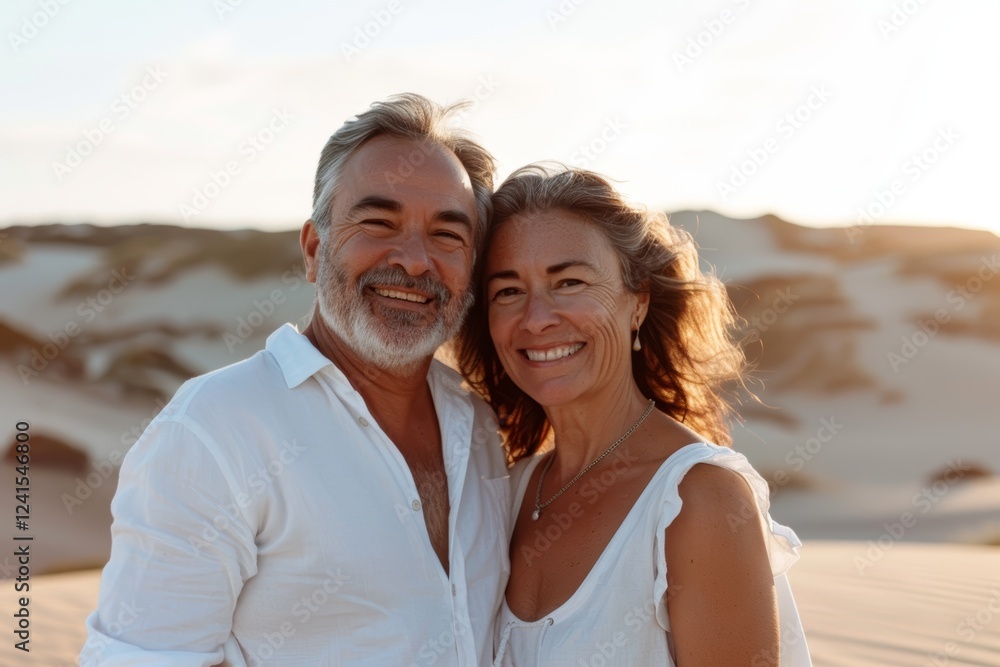 Portrait of a grinning couple in their 40s wearing a classic white shirt isolated on serene dune landscape background Portrait of a grinning couple in their 40s wearing a classic white shirt isolated on serene dune landscape background