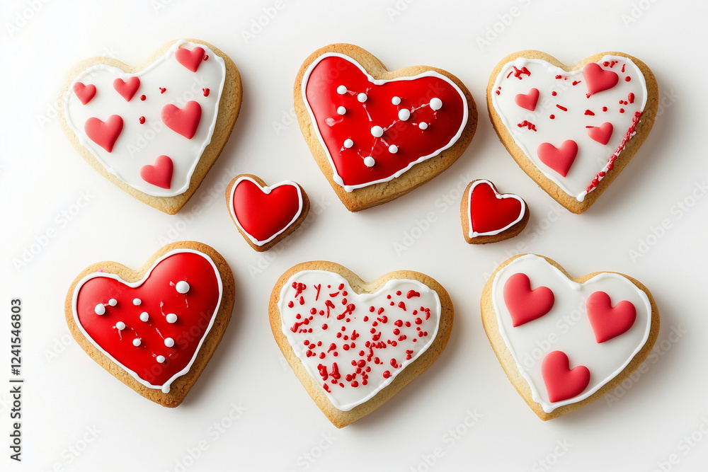 Decorative heart-shaped cookies with red and white icing Decorative heart-shaped cookies with red and white icing