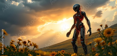 extraterrestre robotico en medio de un jardin de flores 