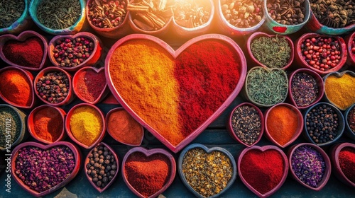 A colorful market stall with Valentinea??s spices and herbs arranged in bowls that form a symmetrical heart-shaped pattern