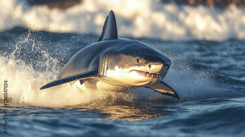 Great white shark leaping, ocean waves, sunset, wildlife photography photo