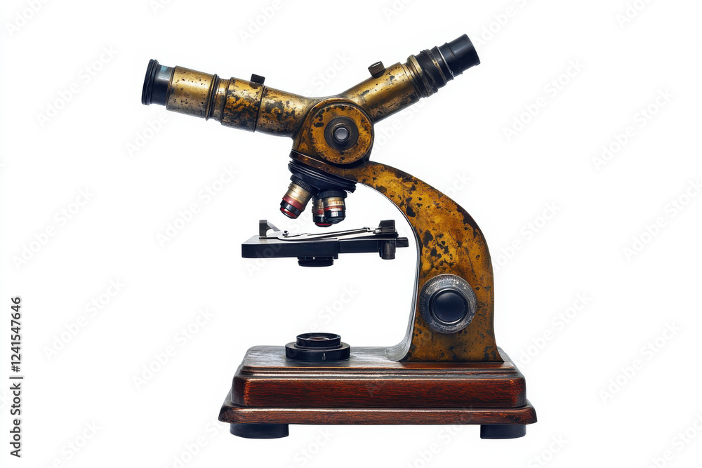 Fototapeta premium Vintage microscope displayed with lenses on a white background, poised for use in scientific research