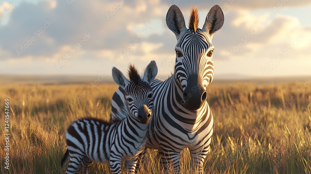 Fototapeta premium A Zebra Mother and Calf in a Golden Savanna Sunset
